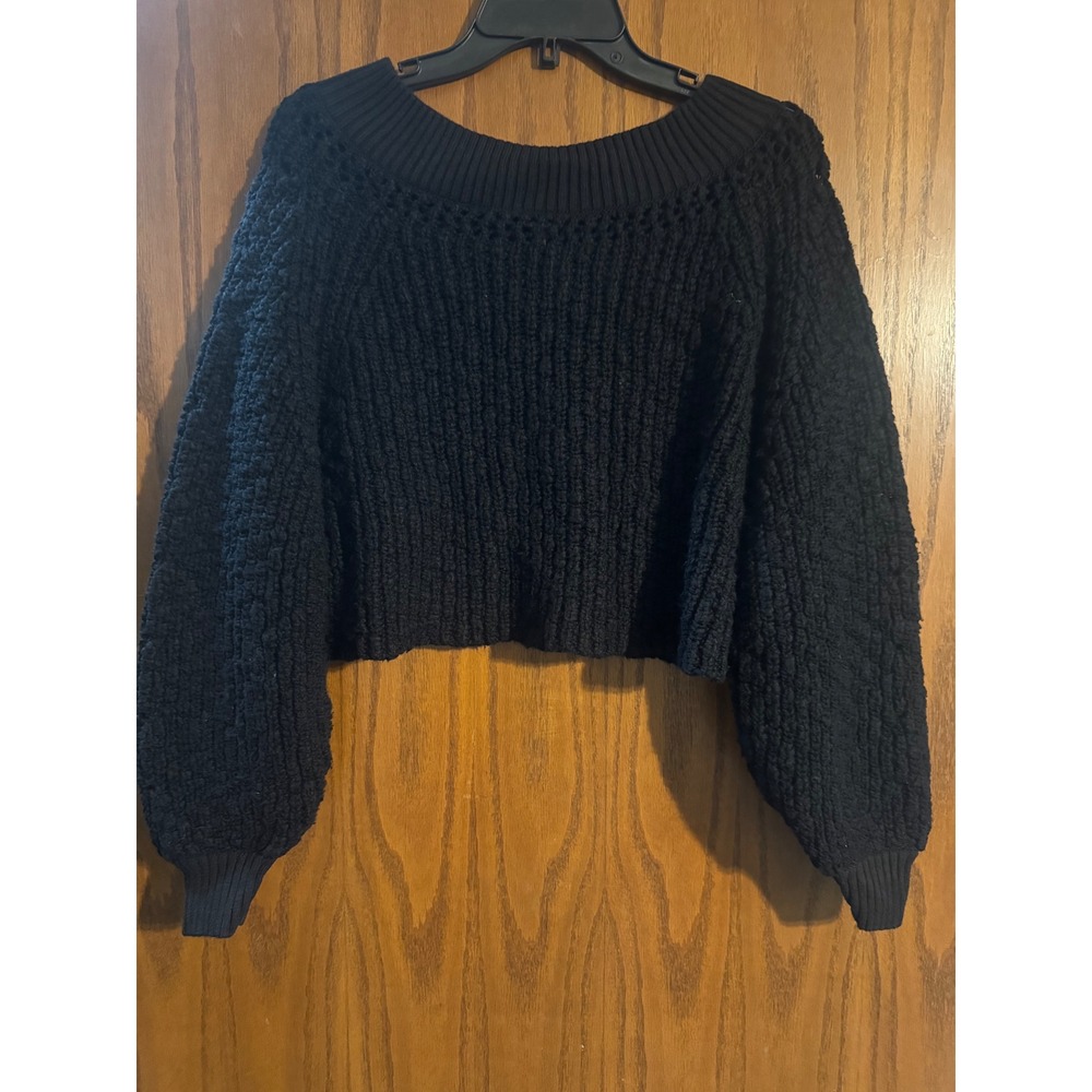Free People Black Popcorn Knit Cropped Sweater Balloon Sleeve XS